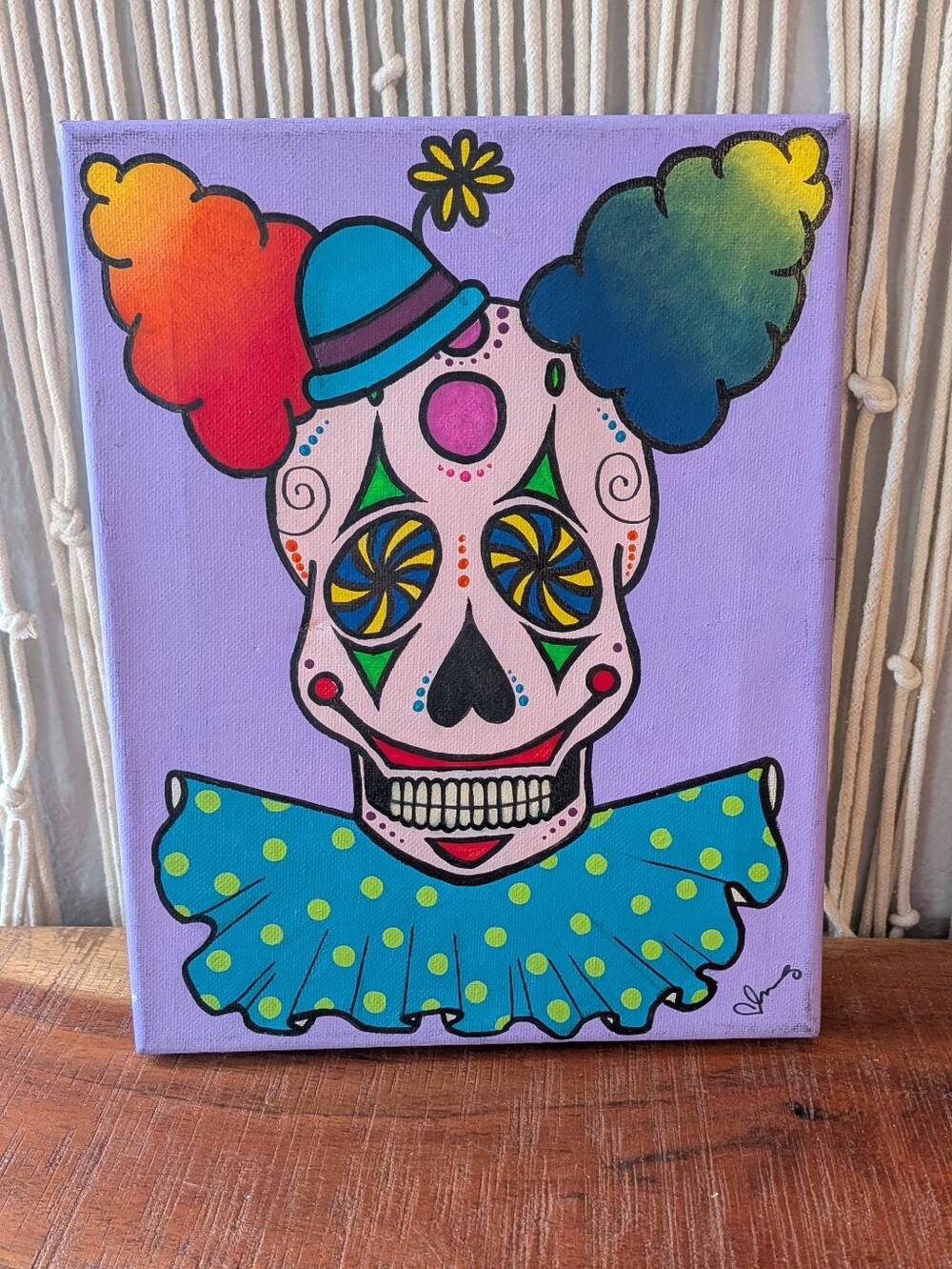 Vibrant Sugar Skull Clown Canvas Painting - Hand Painted Dia De Los Muertos Art
